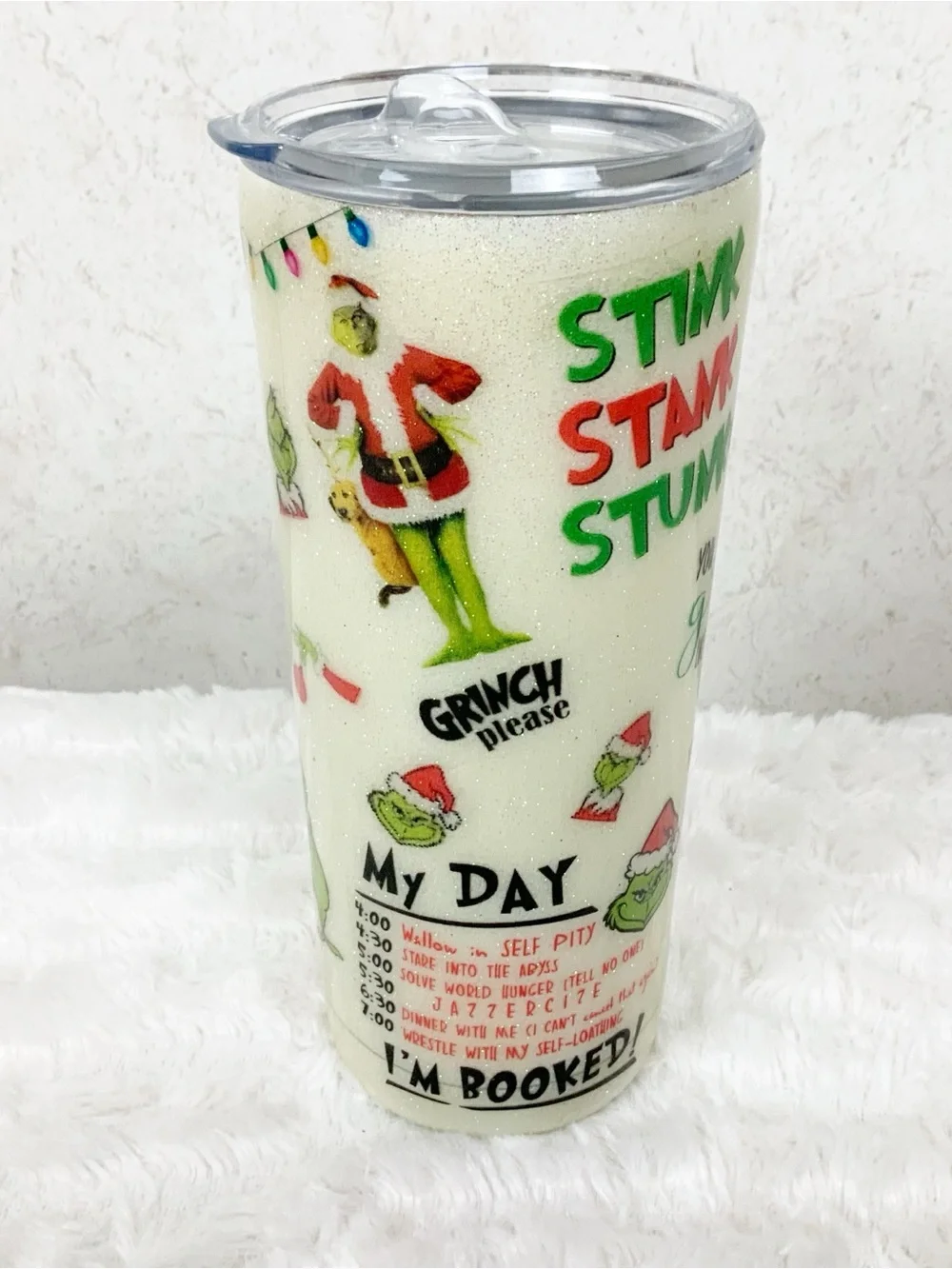 Handmade Glitter Grinch Christmas Steel Tumbler Lid Travel Coffee Cup Holiday